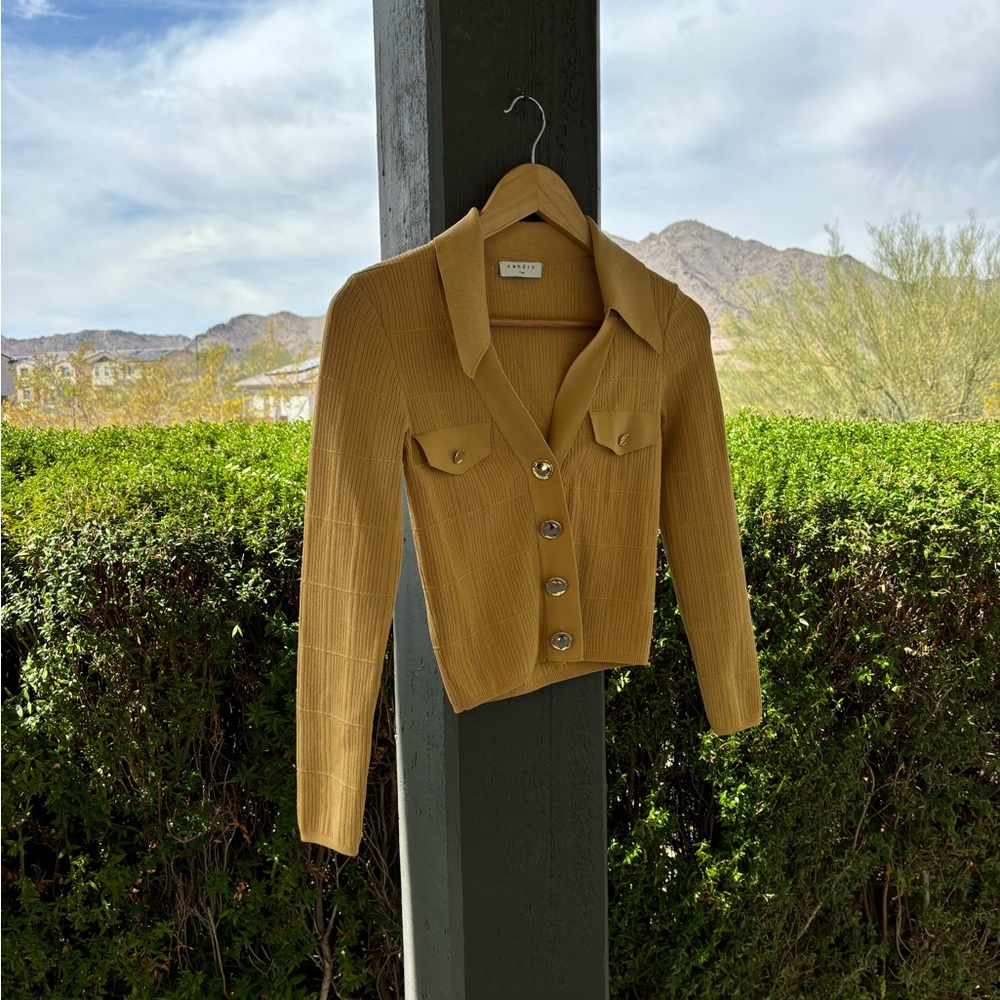 Sandro Mustard Ribbed Button-Up Cardigan - Picture 4 of 13